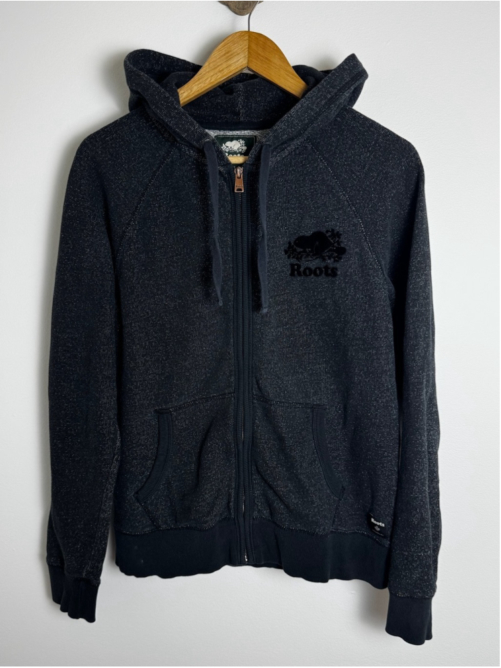 Roots Salt & Pepper Zip Hoodie L Black Beaver Logo Cabin Core